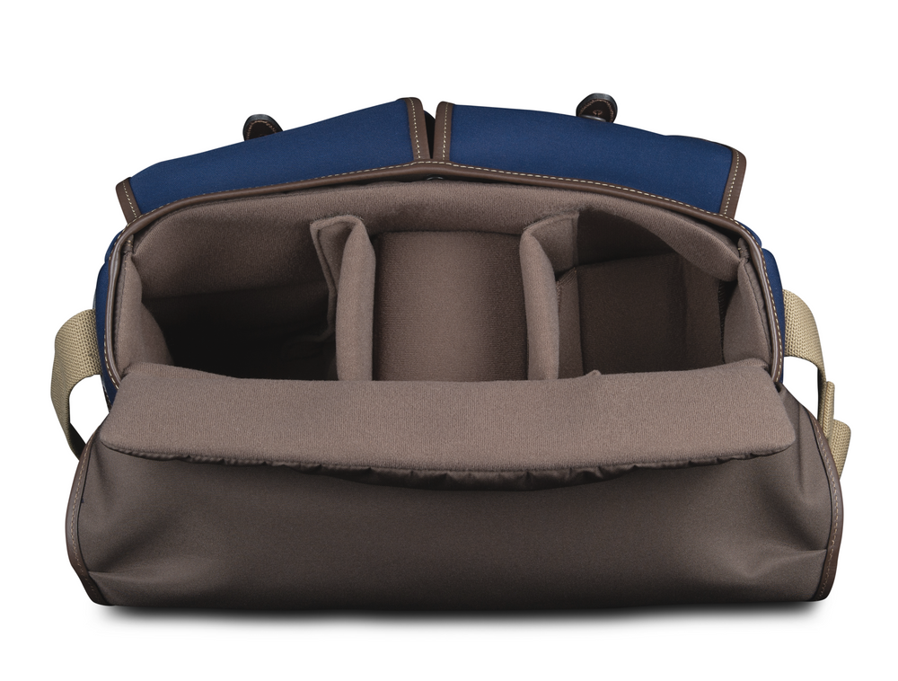 Billingham Hadley Large Camera Bag (Navy Canvas / Chocolate Leather) - Inside view showing removable padded insert and removable padded dividers.