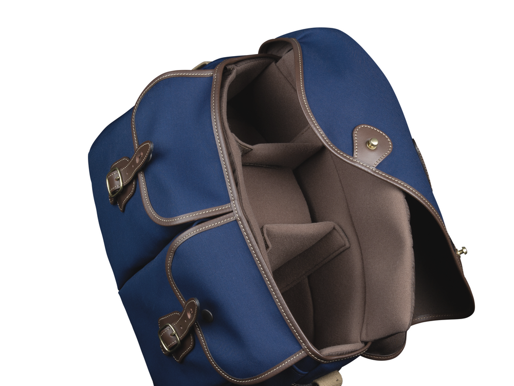 Billingham Hadley Large Camera Bag (Navy Canvas / Chocolate Leather) - Inside view showing opening to main compartment.