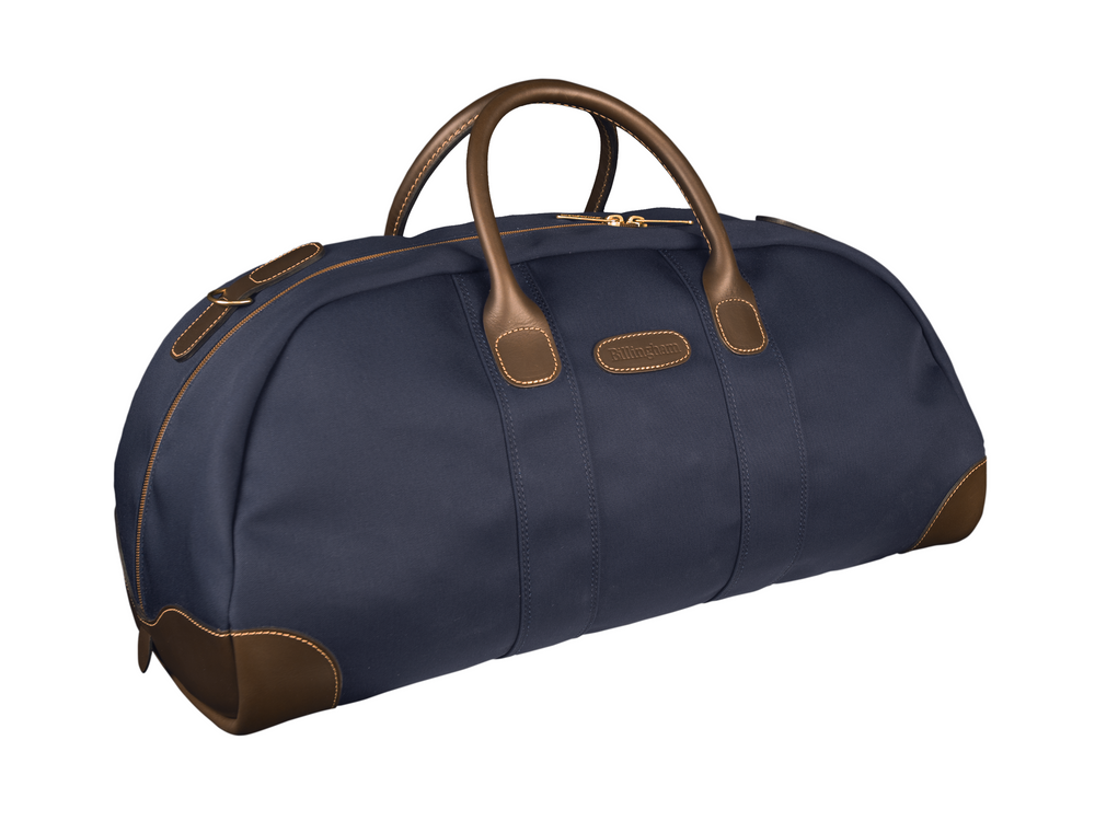 Billingham Weekender Duffel Bag - Navy Canvas / Chocolate Leather