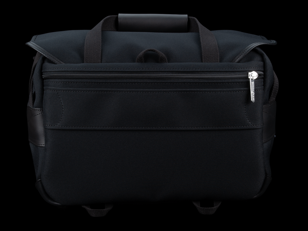 Billingham 335 MKII Camera & Laptop Bag - Black FibreNyte / Black Leather - Rear View with luggage strap.