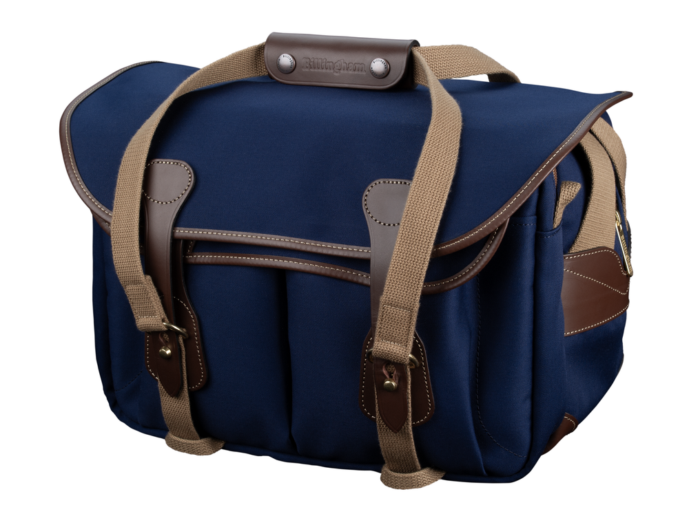 Billingham 335 MKII Camera & Laptop Bag - Navy Canvas / Chocolate Leather - Front View