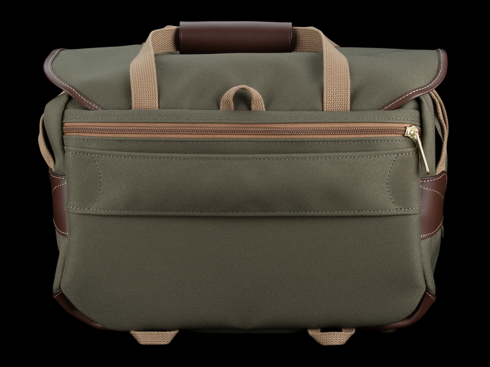 Billingham 335 MKII Camera & Laptop Bag - Sage FibreNyte / Chocolate Leather - Rear view with luggage trolley strap.