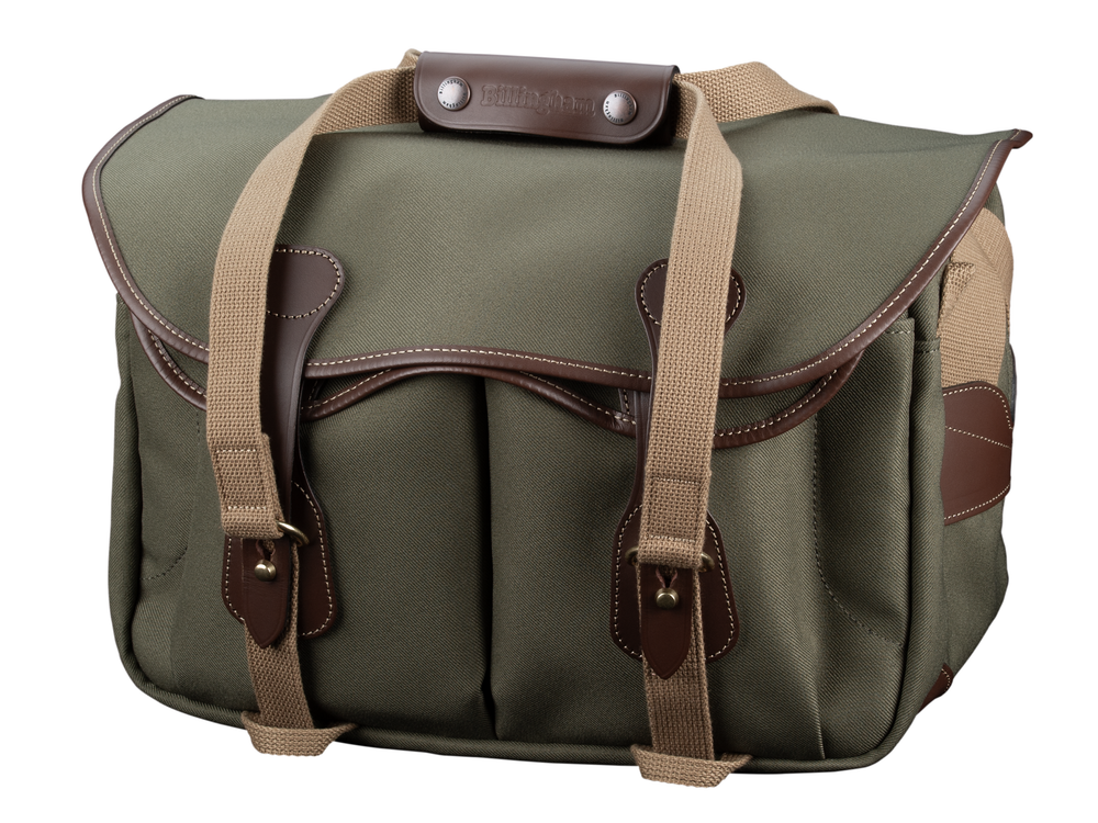 Billingham 335 MKII Camera & Laptop Bag - Sage FibreNyte / Chocolate Leather - Front View