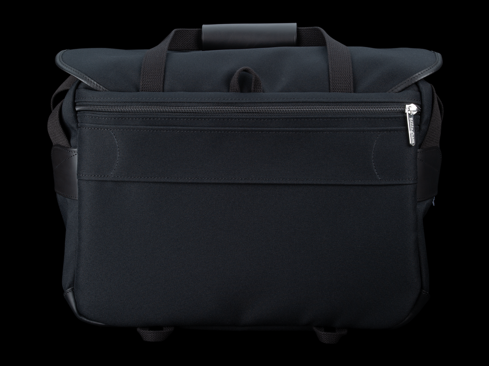 Billingham 445 MKII Camera & Laptop Bag - Black FibreNyte / Black Leather - Rear View with luggage strap.