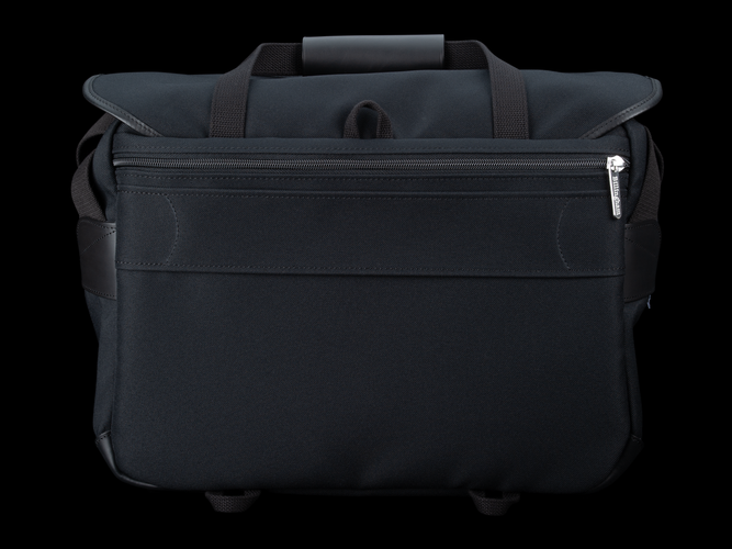 Billingham 445 MKII Camera & Laptop Bag - Black FibreNyte / Black Leather - Rear View with luggage strap.