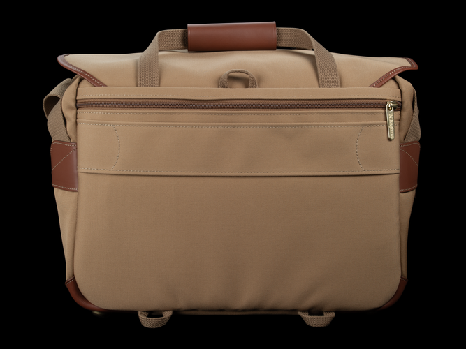 Billingham 445 MKII Camera & Laptop Bag - Khaki Canvas / Tan Leather - Rear view with luggage trolley strap.