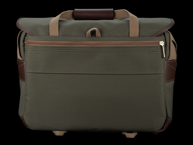 Billingham 445 MKII Camera & Laptop Bag - Sage FibreNyte / Chocolate Leather - Rear view with luggage trolley strap.