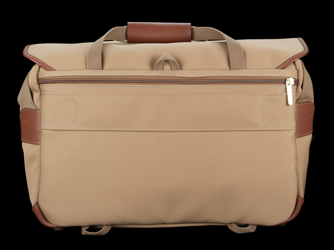 Billingham 555 MKII Camera & Laptop Bag - Khaki Canvas / Tan Leather - Rear view with luggage trolley strap.