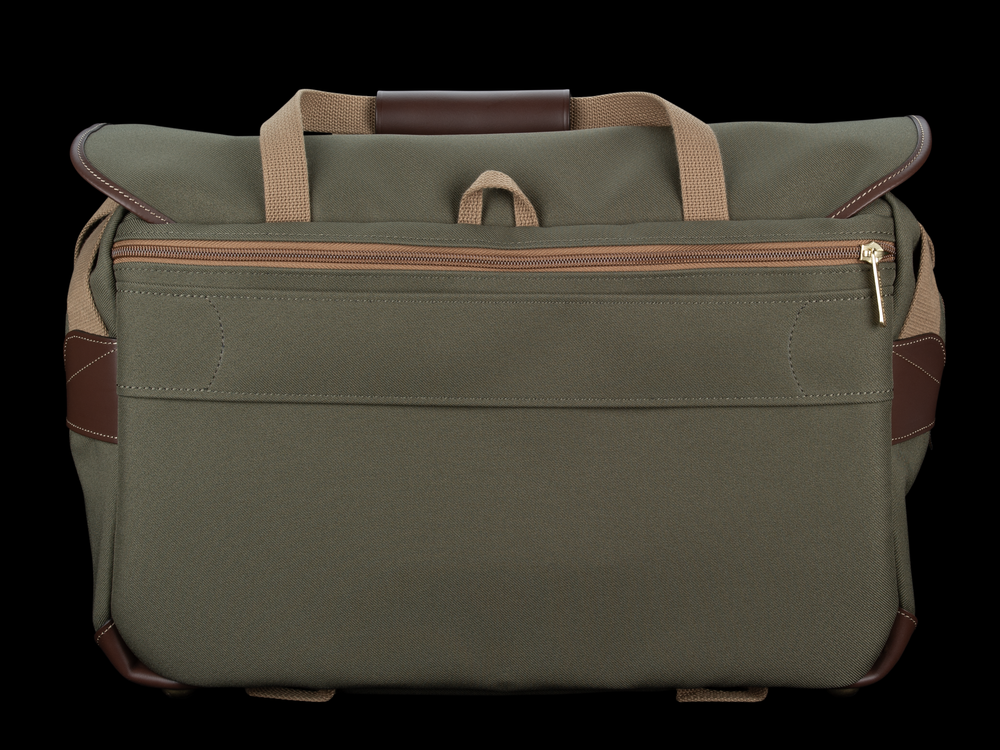 Billingham 555 MKII Camera & Laptop Bag - Sage FibreNyte / Chocolate Leather - Rear view with luggage trolley strap.