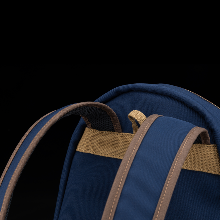 35 Rucksack Navy FibreNyte Chocolate Leather Back Close Up