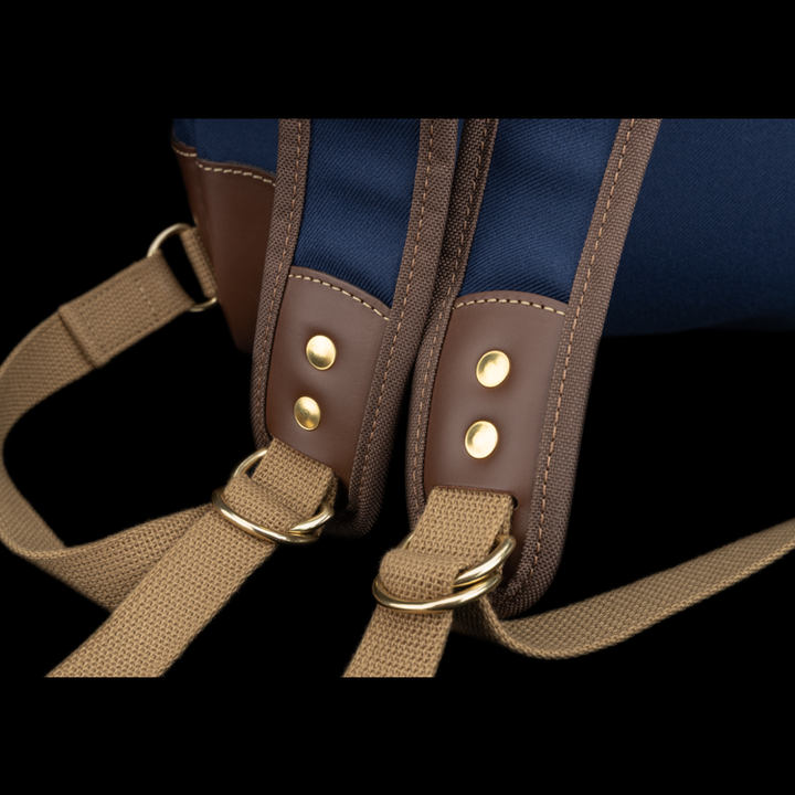35 Rucksack Navy FibreNyte Chocolate Leather Close Up Of Straps