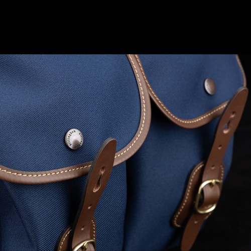 Hadley One Front Strap Close Up Navy FibreNyte Chocolate Leather
