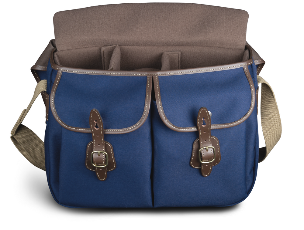 Billingham Hadley Large Camera Bag (Navy Canvas / Chocolate Leather) - Inside view showing opening to main compartment.