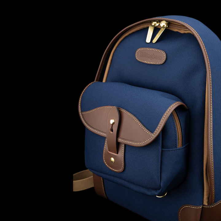 35 Rucksack Navy FibreNyte Chocolate Leather Close Up