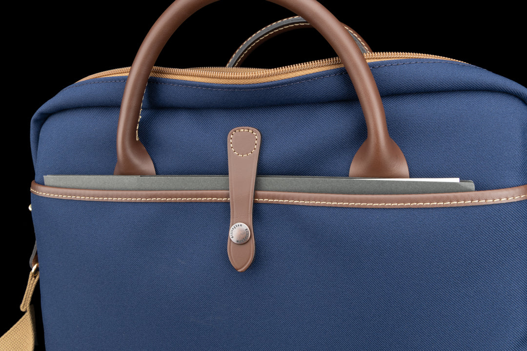 Thomas Briefcase Navy FibreNyte Chocolate Leather Back Slip Pocket