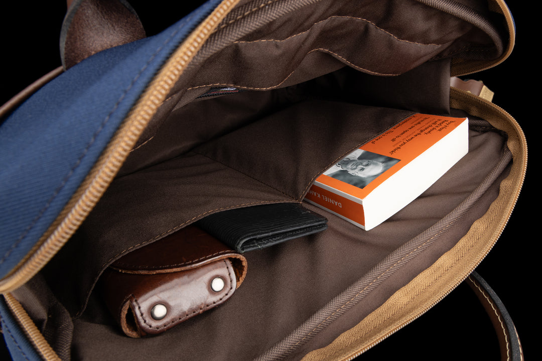 Thomas Briefcase Navy FibreNyte Chocolate Leather Internal Pockets