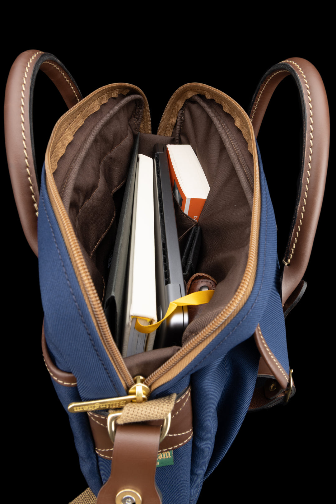 Thomas Briefcase Navy FibreNyte Chocolate Leather Open