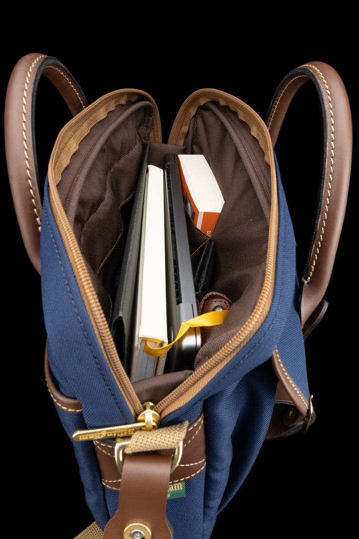 Thomas Briefcase Navy FibreNyte Chocolate Leather Open