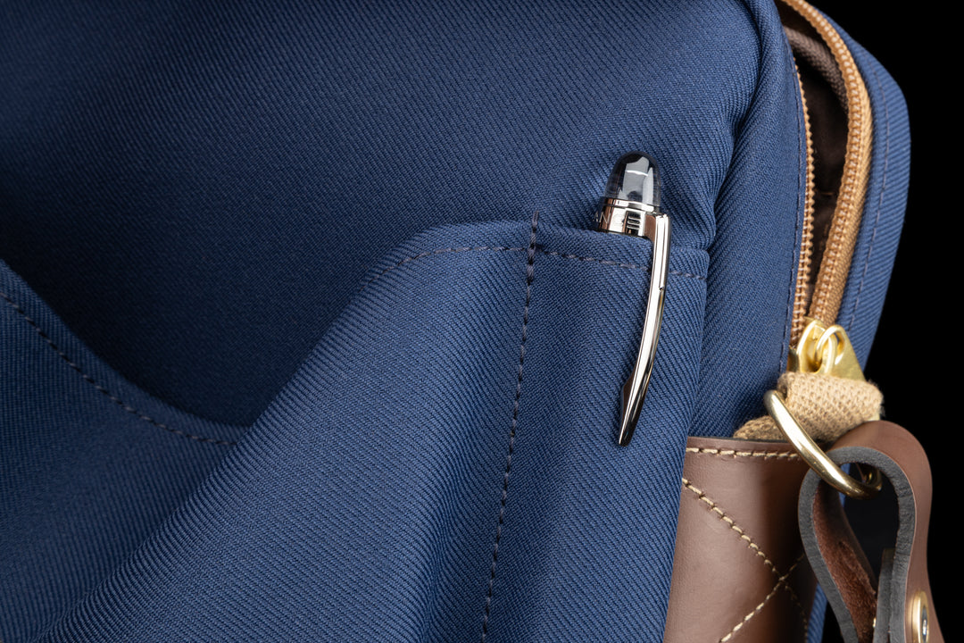 Thomas Briefcase Navy FibreNyte Chocolate Leather Pen Pocket