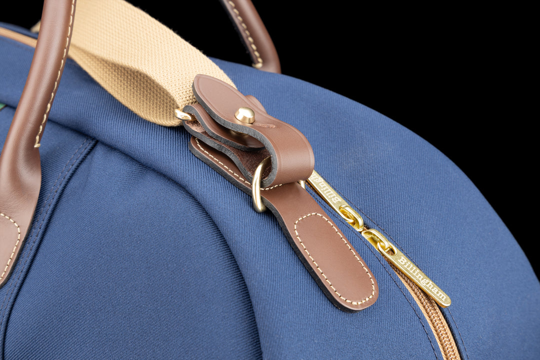 Weekender Navy FibreNyte Chocolate Leather Close Up